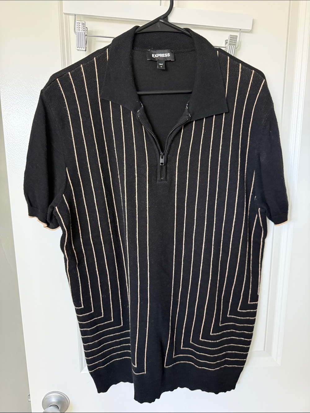 Express Black Zip-Up Short-Sleeve Sweater with Cream Pinstripes